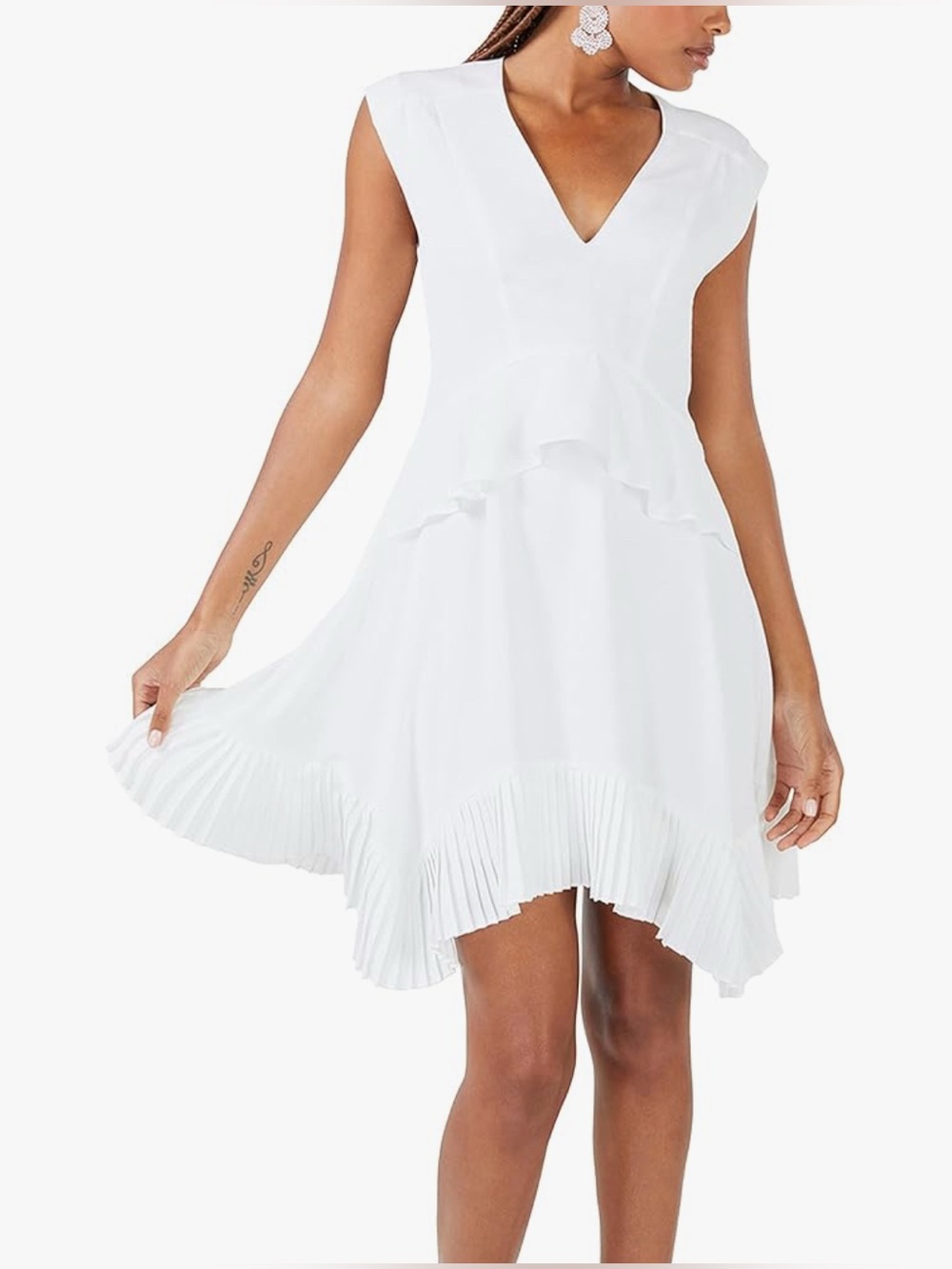 BCBGMaxAzria White V-Neck Pleated Hem Mini Dress